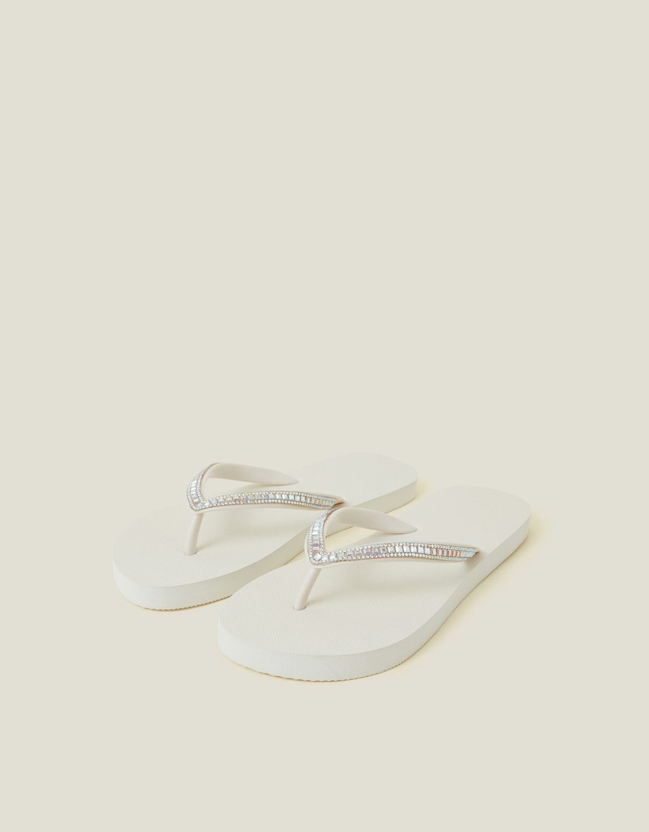 Crystal Embellished Flip Flops Cream