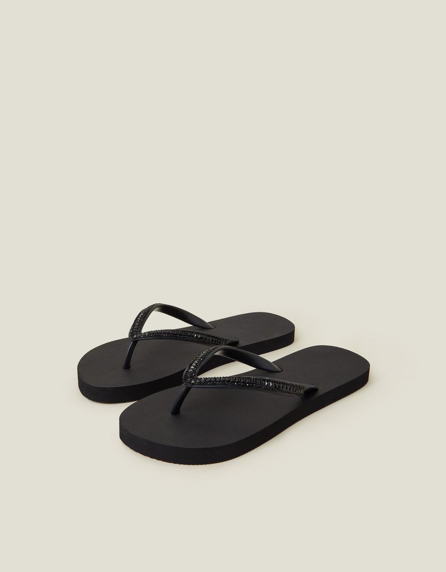 Crystal Embellished Flip Flops Black