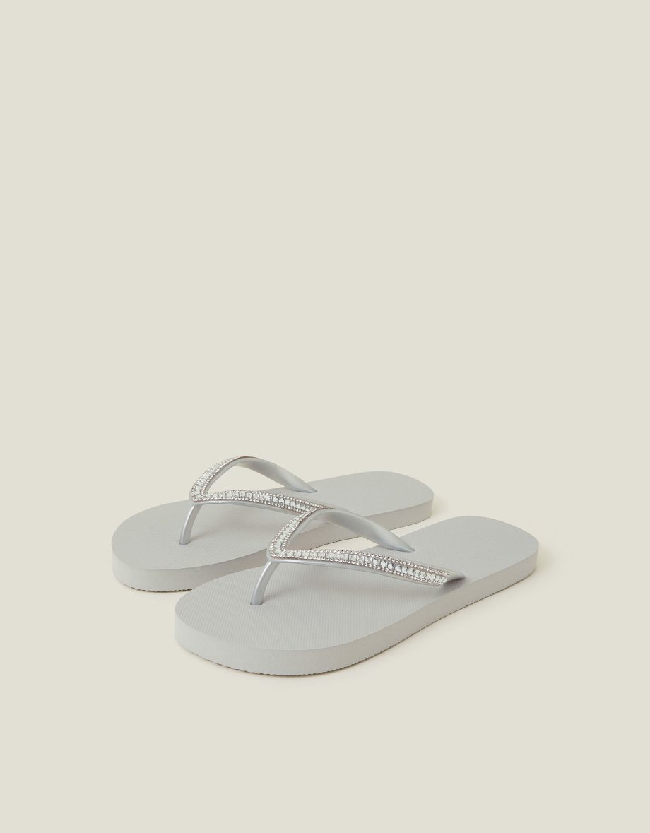 Crystal Embellished Flip Flops Silver