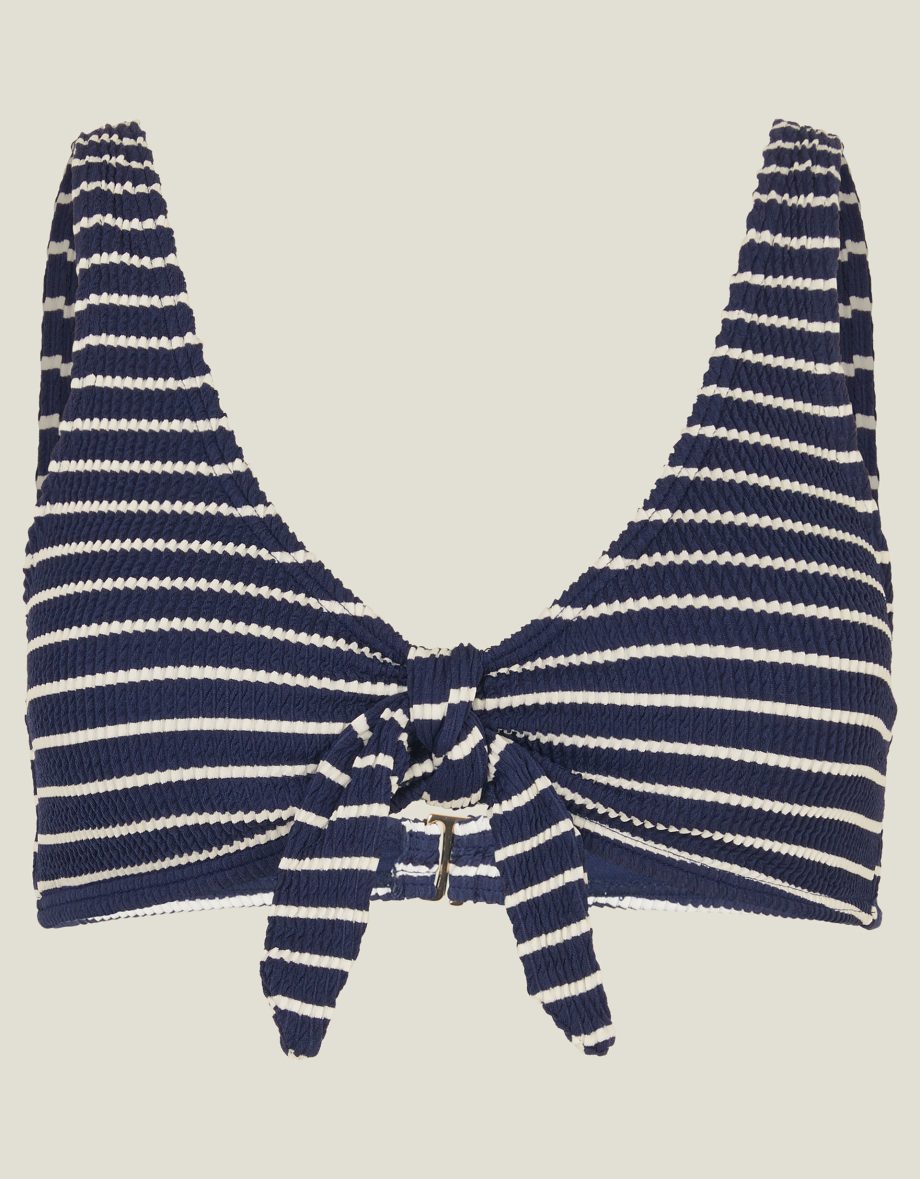 STRIPE CRINKLE TIE BIKINI TOP BLUE