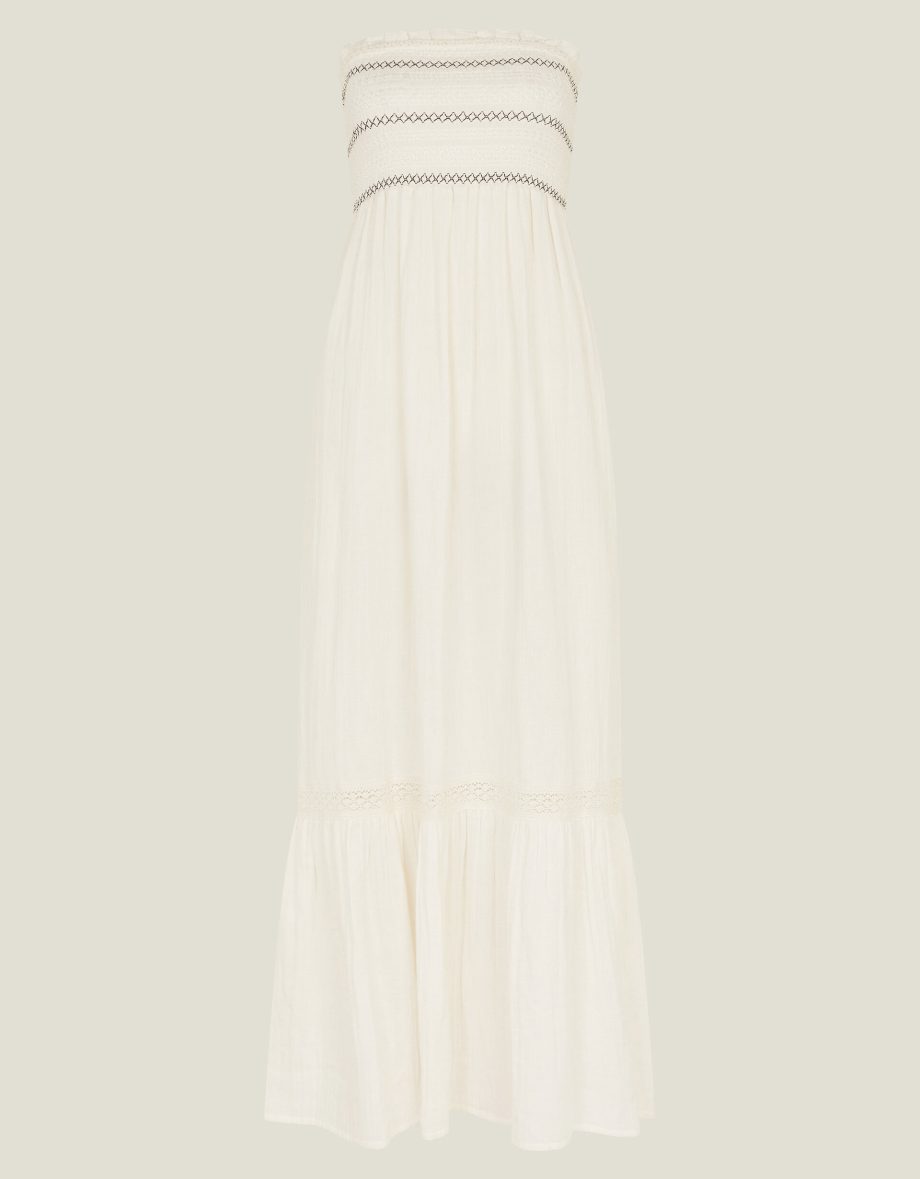 SHIRRED BANDEAU MIDI DRESS IVORY