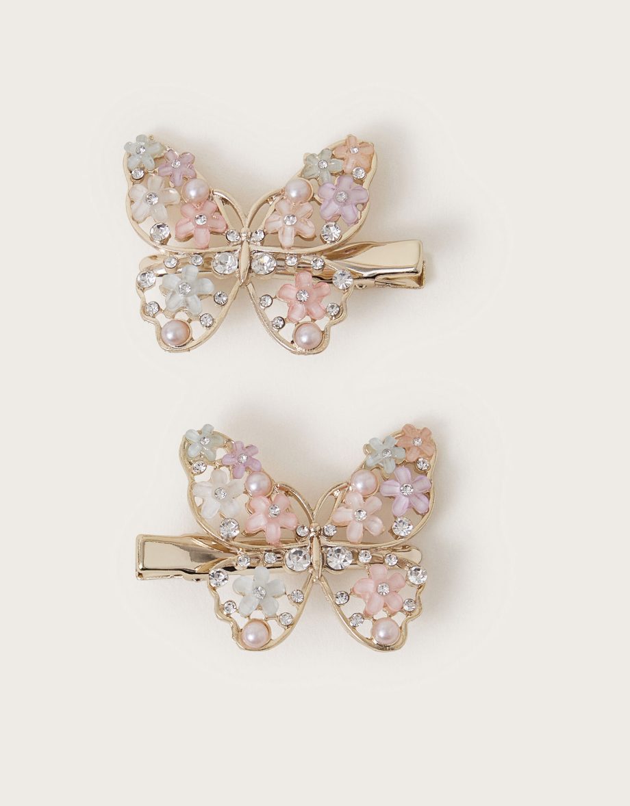 2-pack diamante flower butterfly hair clips