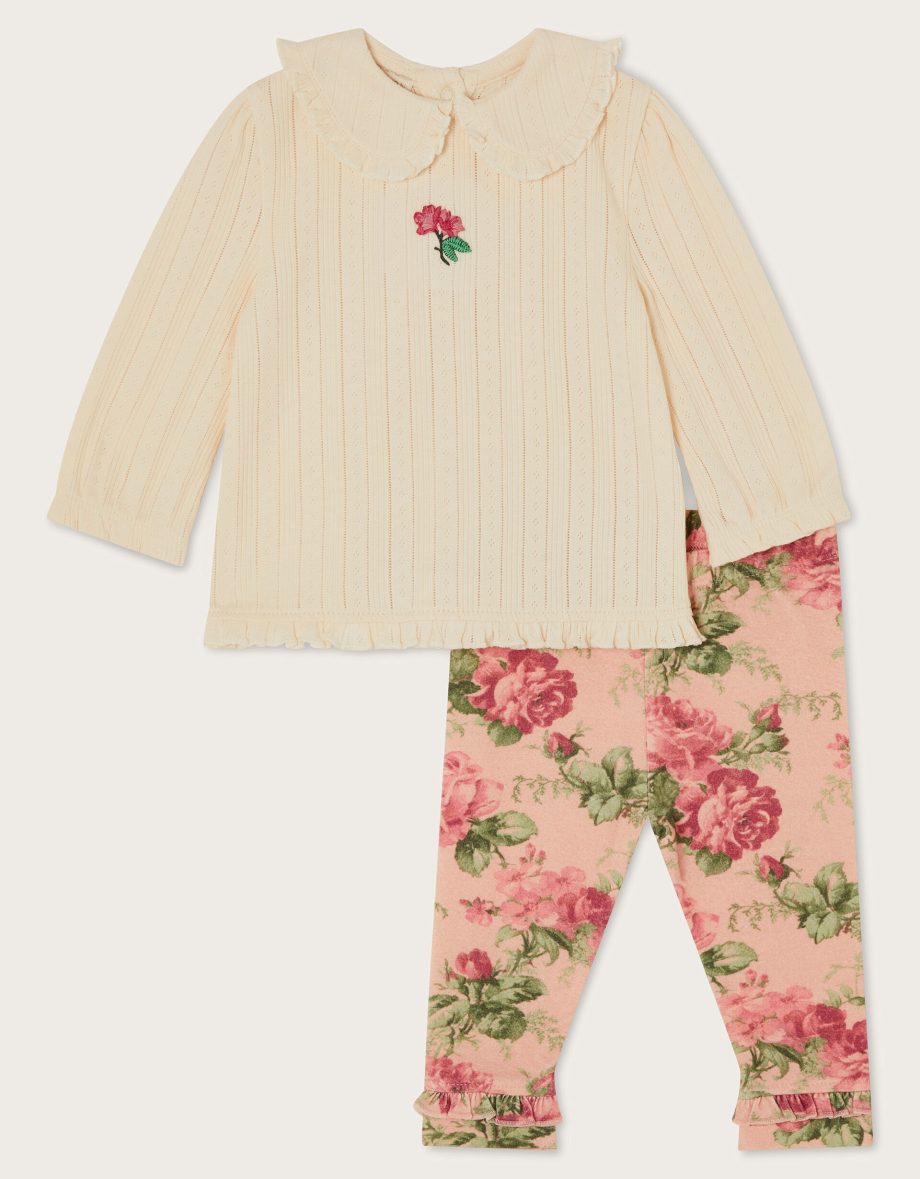 Newborn betsy pointelle top and floral leggings set ivory