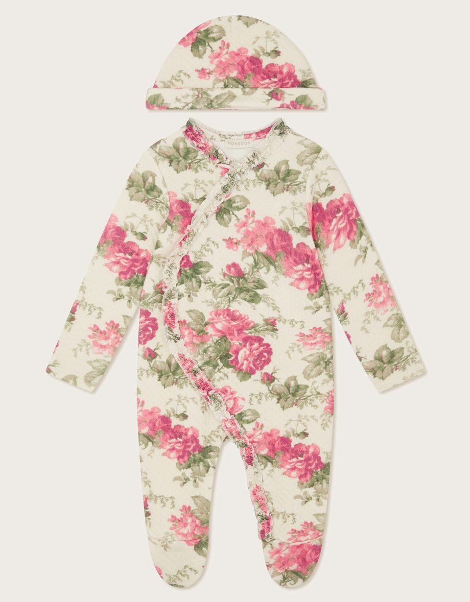 Newborn betsy floral sleepsuit and hat ivory