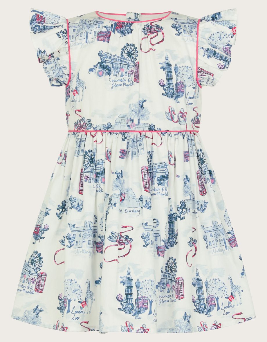 Baby london print frilly cotton dress ivory