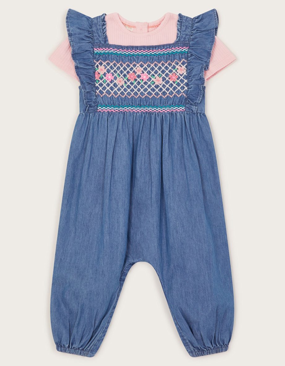 Baby chambray embroidered romper blue