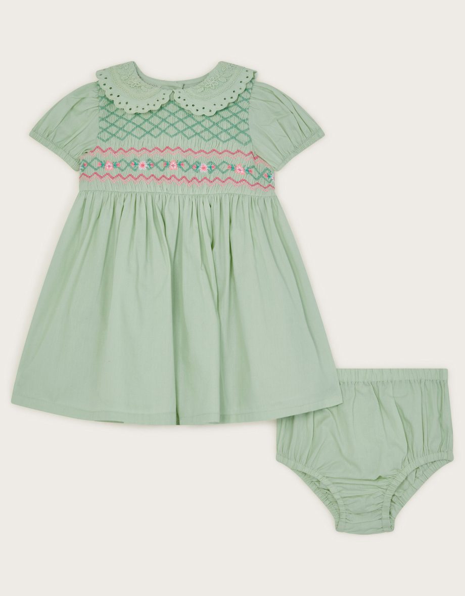 Baby embroidered smock dress and briefs set green