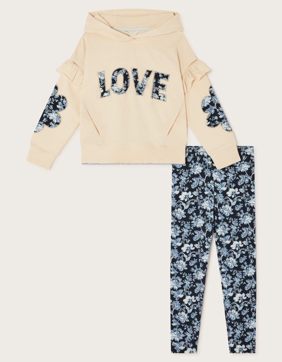 Love hoodie and floral leggings set ivory