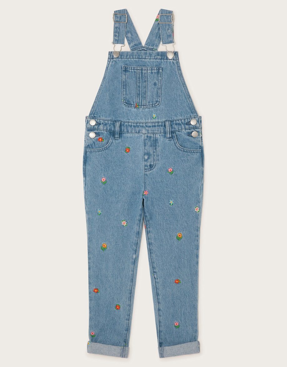 Floral embroidered denim dungarees blue