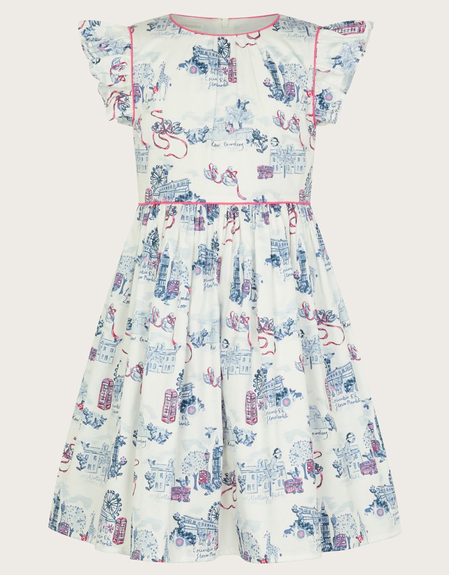 London print frilly cotton dress white