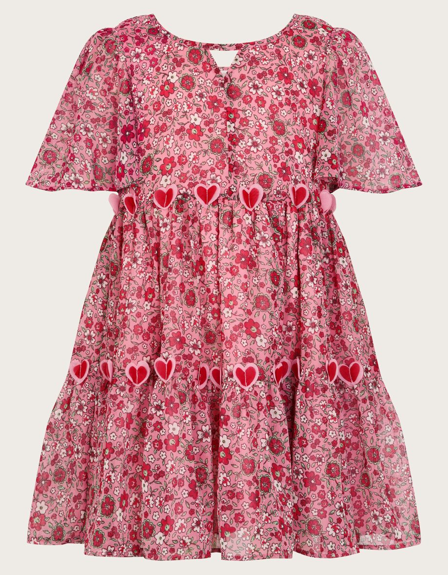 3d hearts floral short sleeve dress red