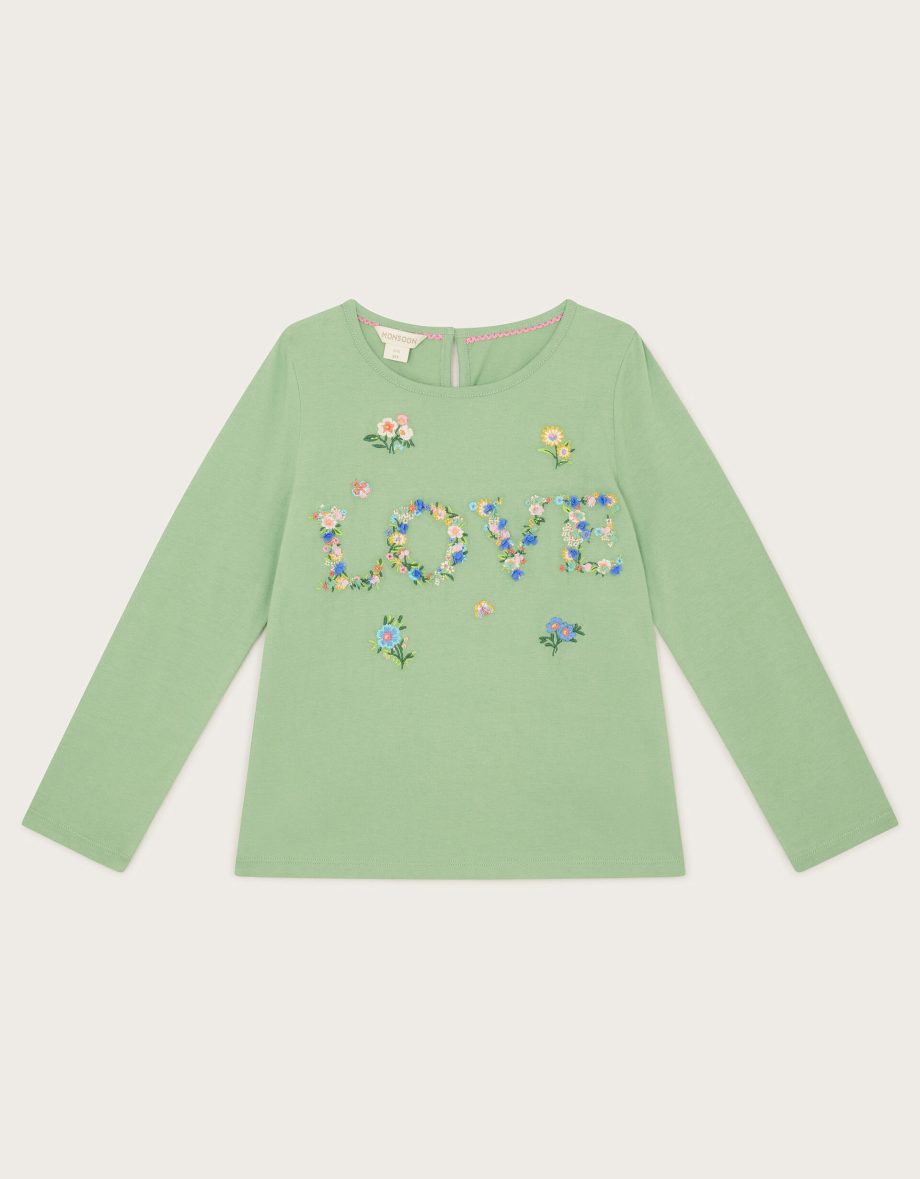 Floral love embroidered long sleeve top green