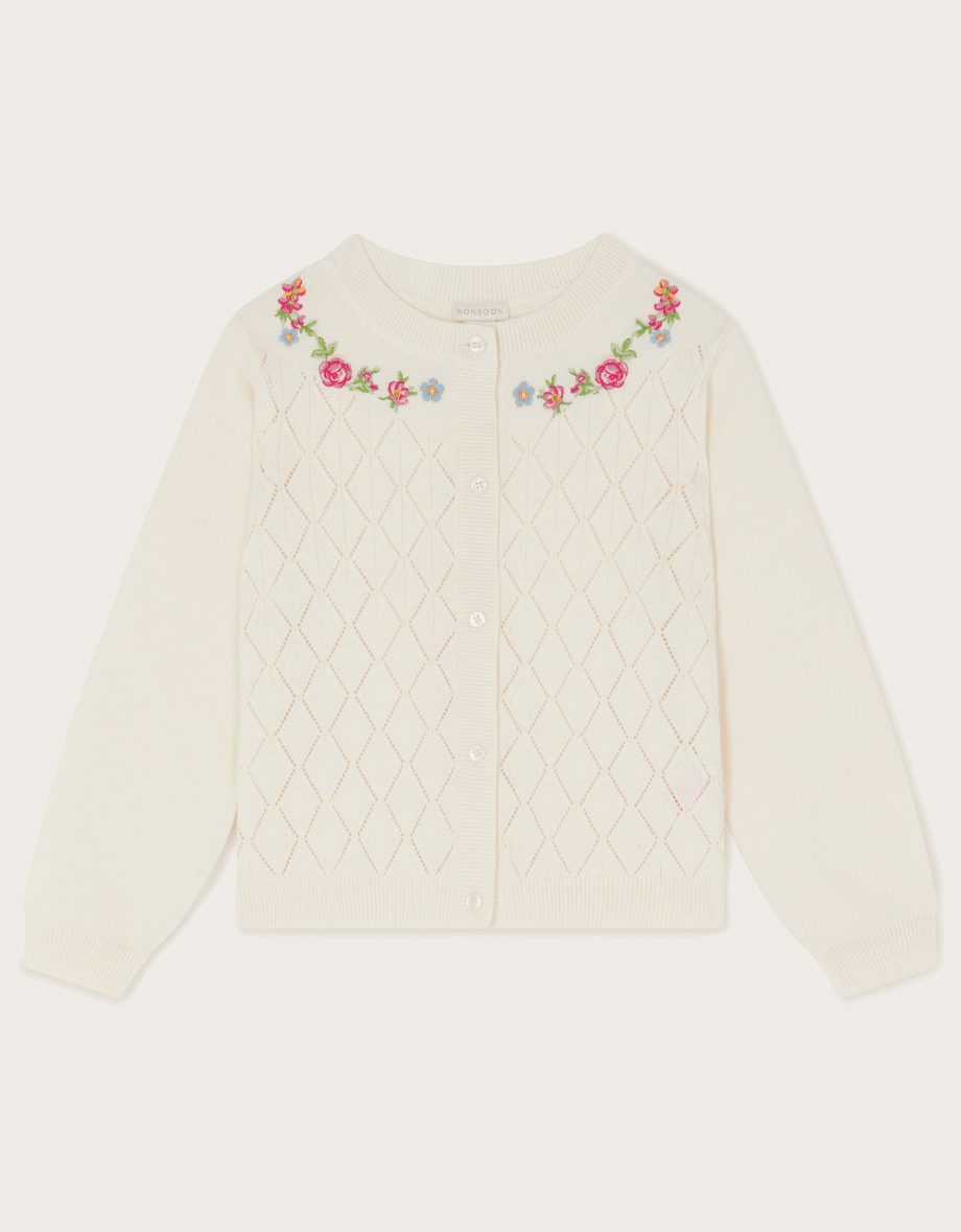 Floral embroidered pointelle cardigan ivory