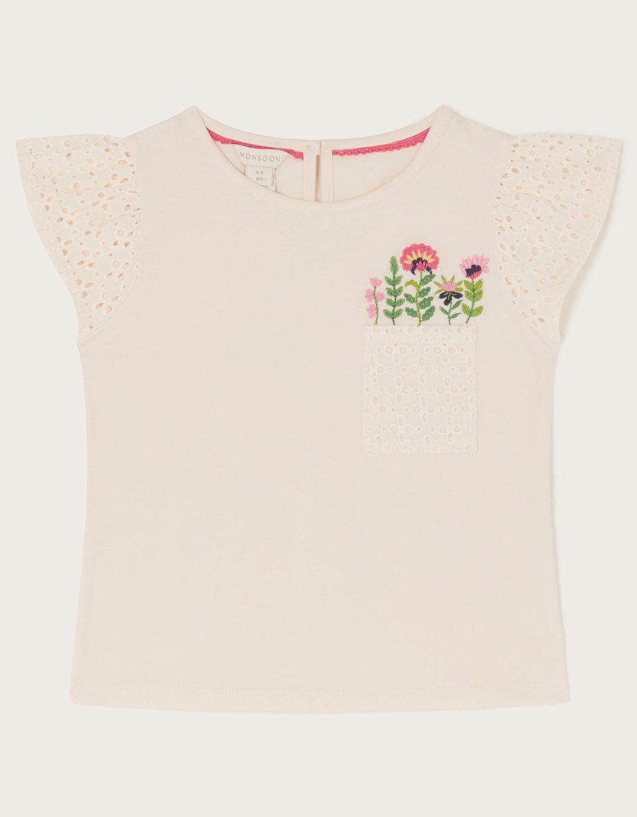 Floral pocket broderie t-shirt ivory