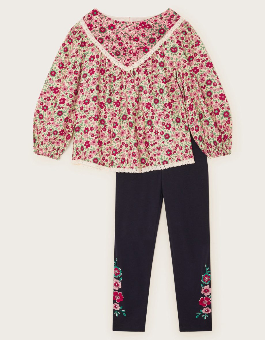 Floral Woven Blouse and Leggings Set Red