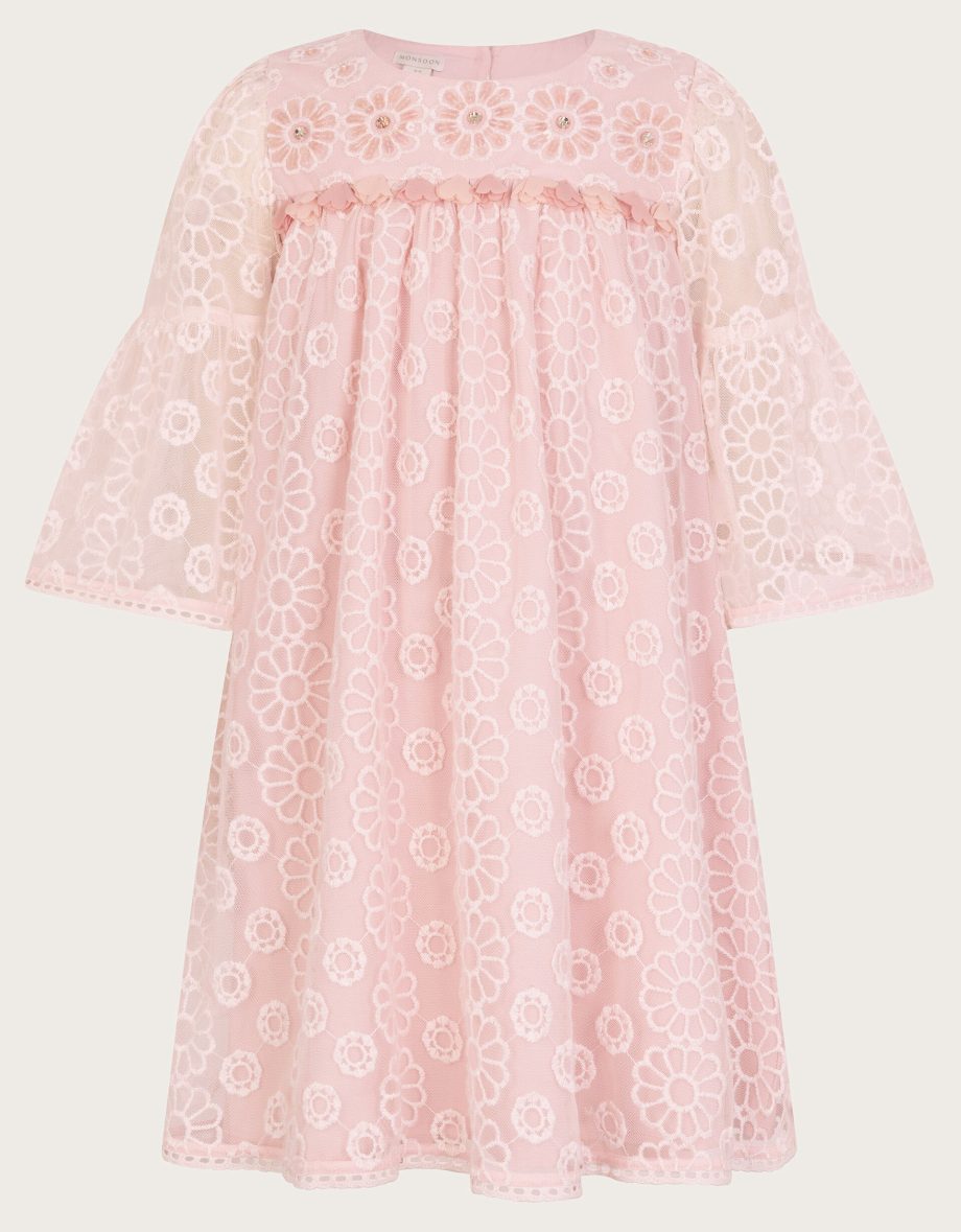 Floral Embroidered Flute Sleeve Dress Pink