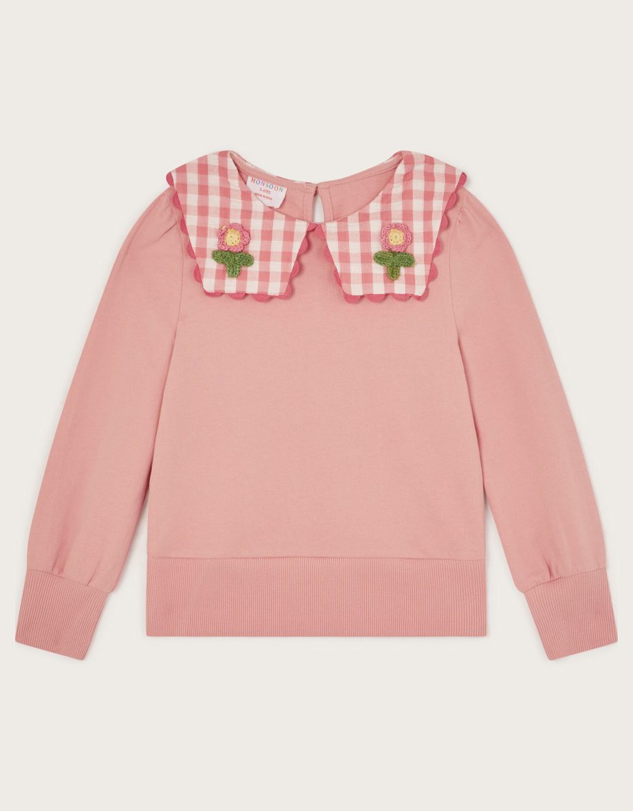 Floral gingham collar sweatshirt pink