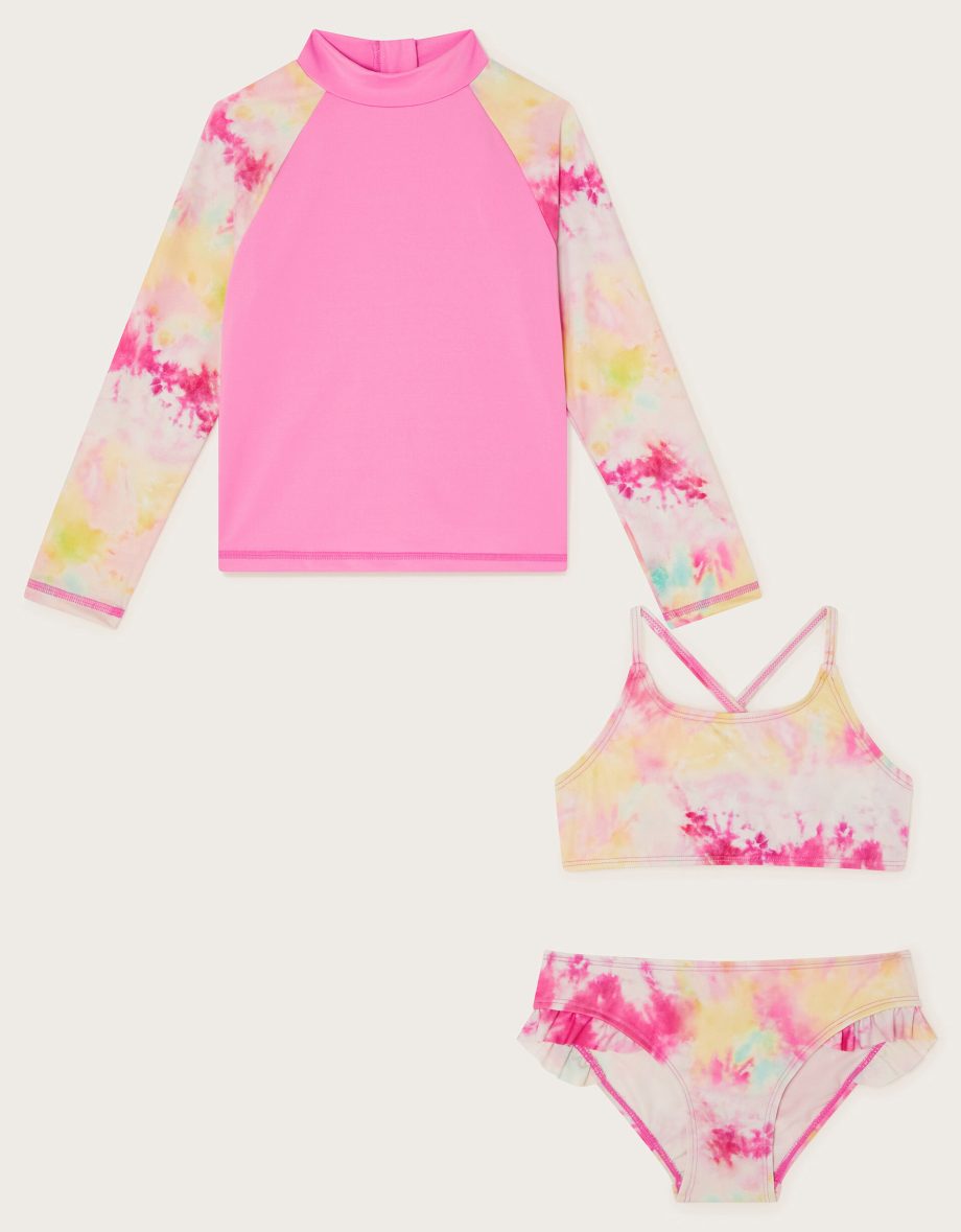 Tie Dye Long Sleeve Swim Top and Bikini Set Pink