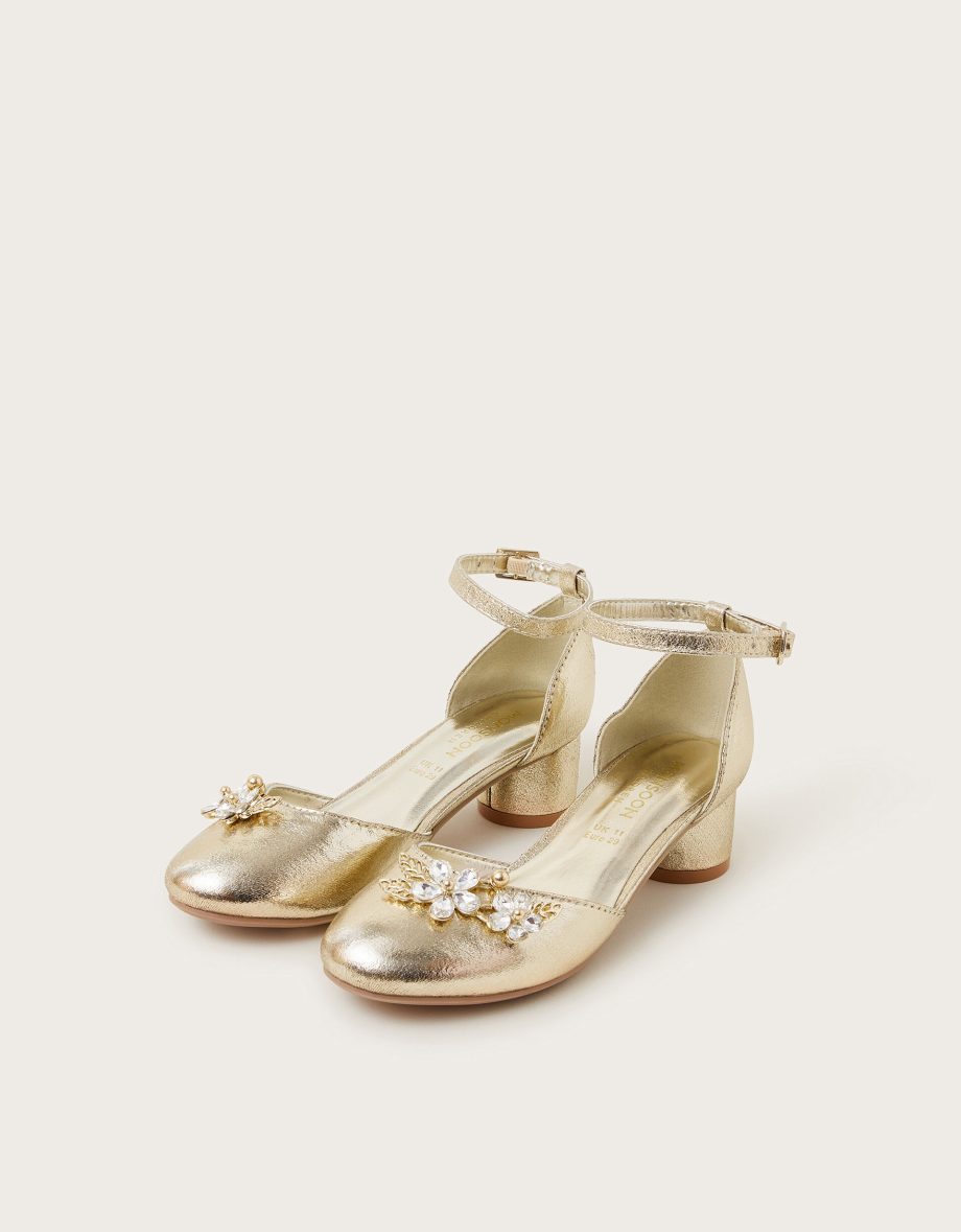 Gemstone Flower Metallic Two-Part Heels Gold