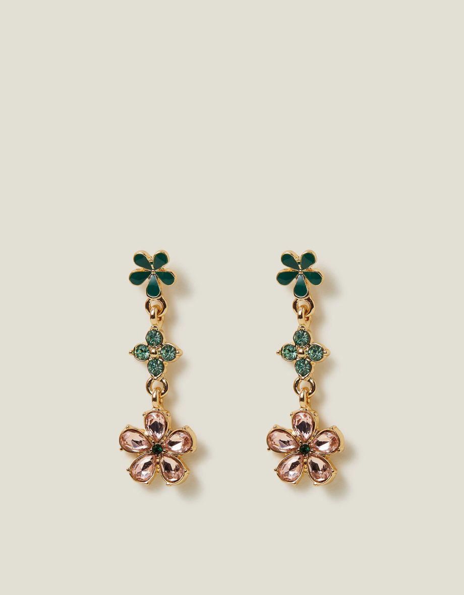 Triple Gem Flower Drop Earrings