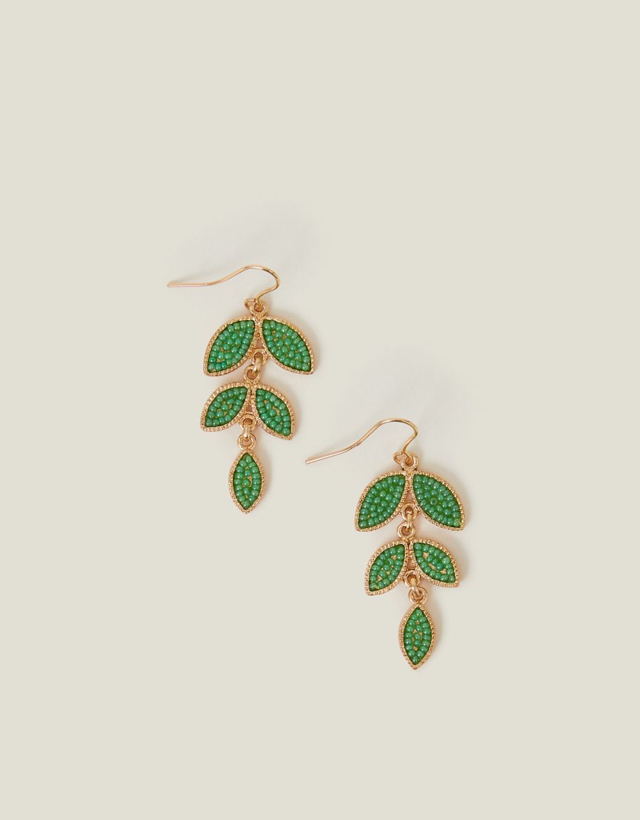 BEADED LEAF DROP EARRINGS GREEN