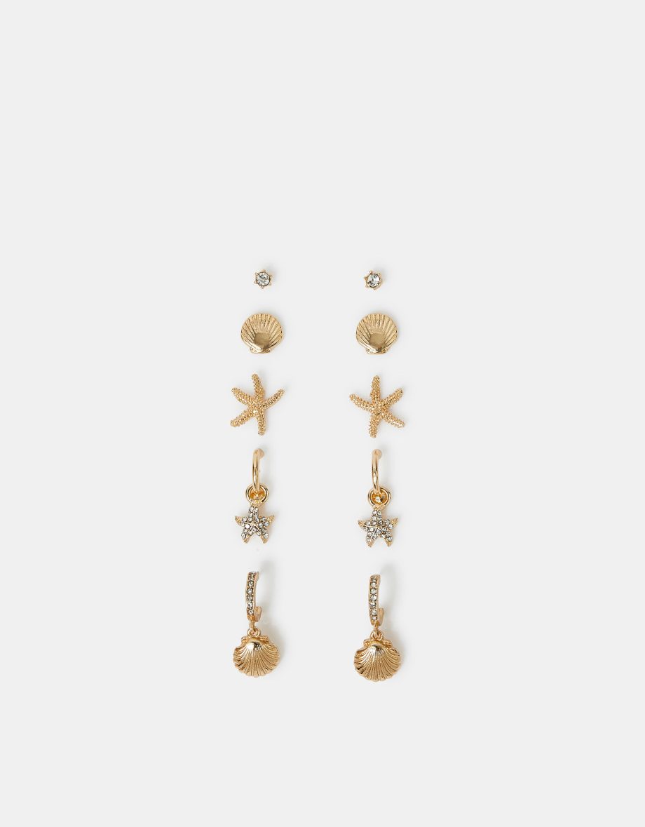 5-PACK BEACH SEASHELL AND HOOP EARRINGS GOLD