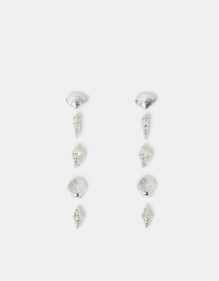 5-PACK SEASHELL STUD EARRINGS SILVER