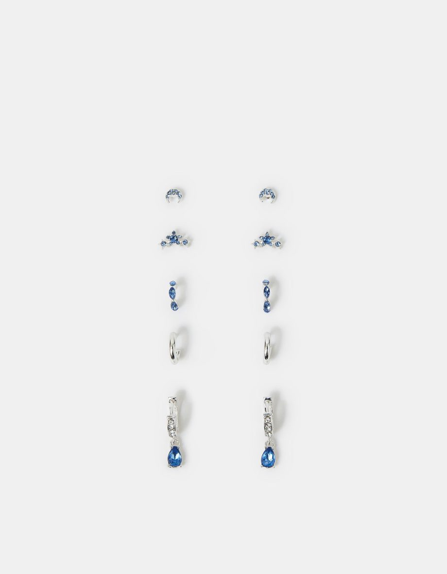 5-PACK DIAMANTE GEM STUD AND HOOP EARRINGS SILVER