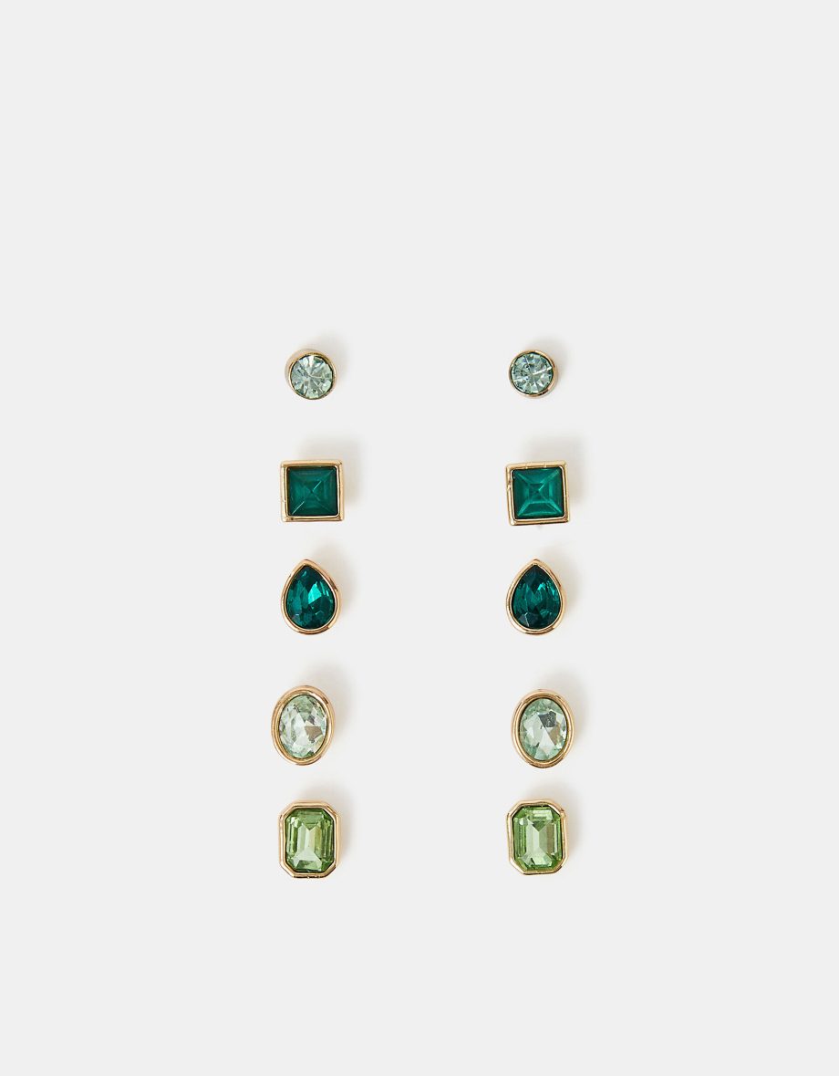 5-Pack Gem Stud Earrings Green