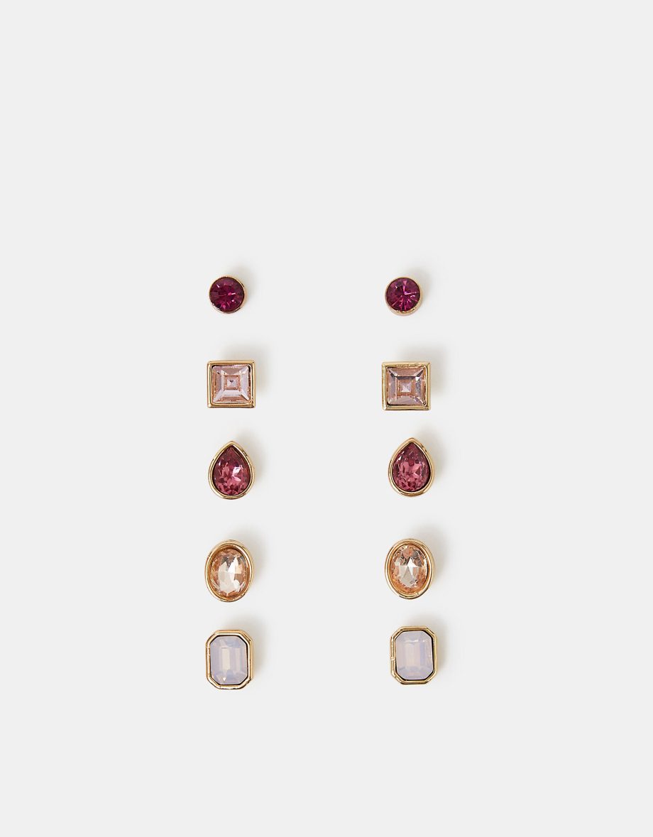 5-Pack Gem Stud Earrings Pink