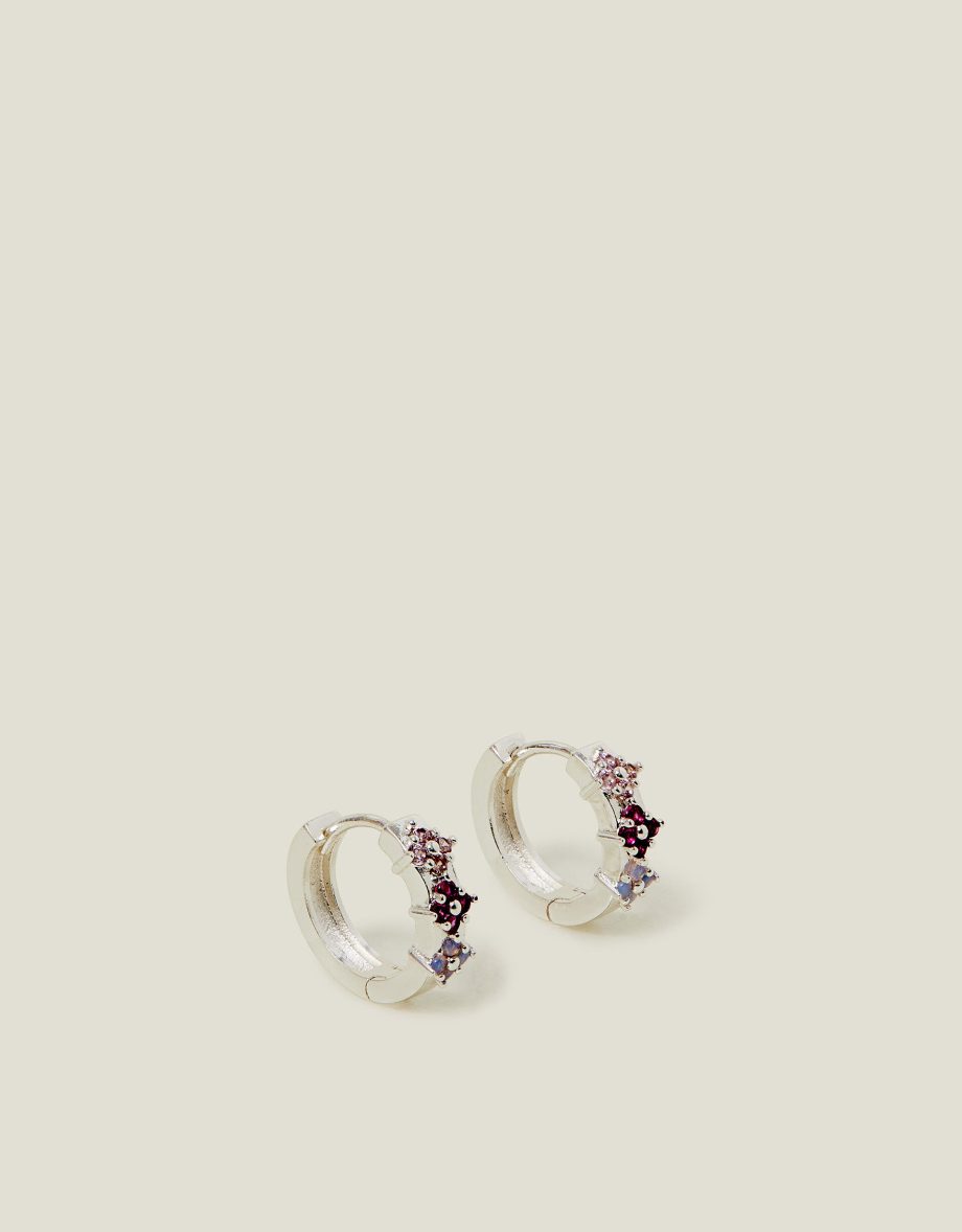 STERLING SILVER-PLATED GEM FLOWER HOOP EARRINGS