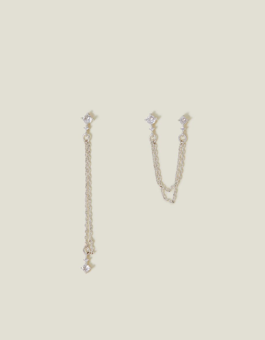 STERLING SILVER-PLATED DIAMANTE CHAIN DROP EARRINGS