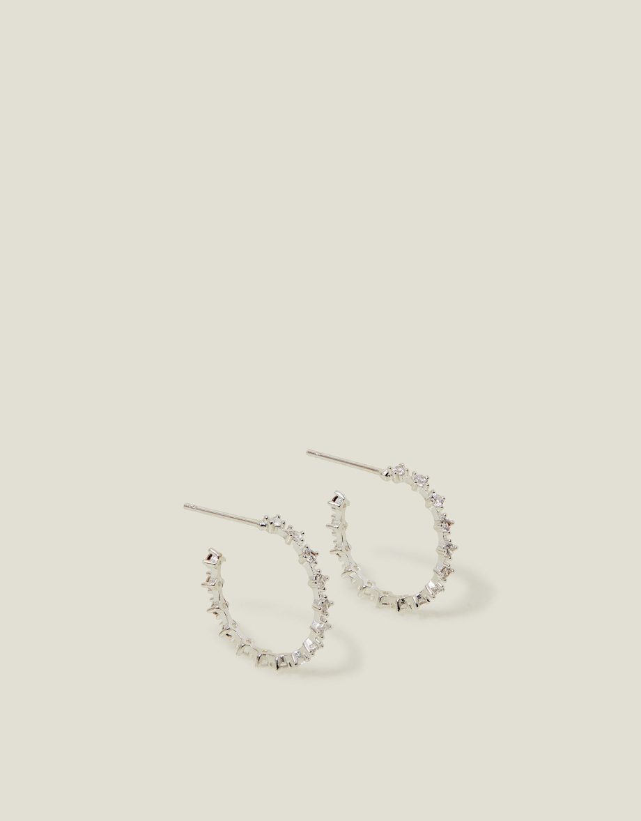 STERLING SILVER-PLATED FINE DIAMANTÉ HOOP EARRINGS