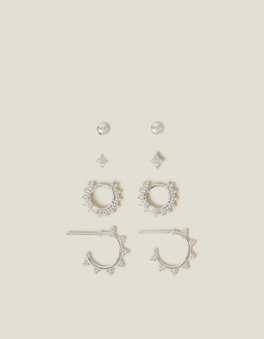 4-PACK STERLING SILVER-PLATED STUD AND BOBBLE HOOP EARRINGS