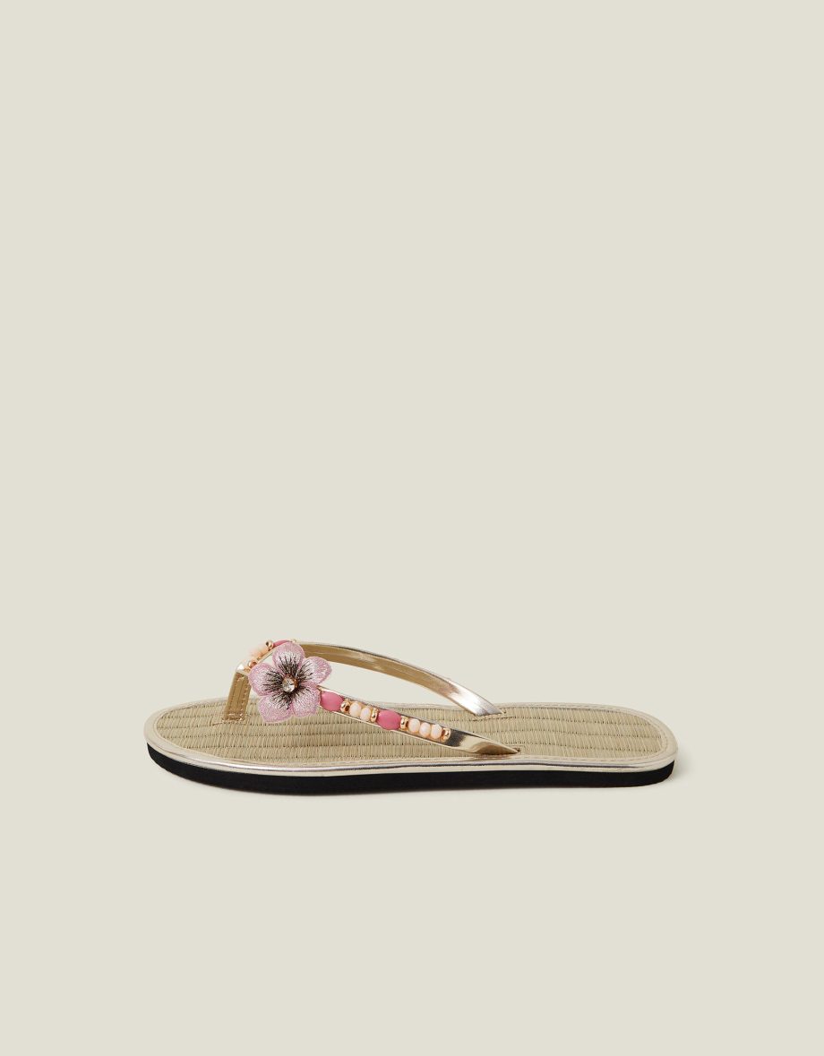 FLOWER BEADED SEAGRASS FLIP FLOPS GOLD