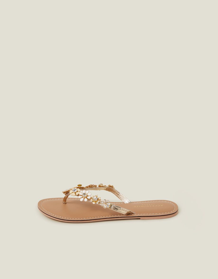 DIAMANTE FLOWER FLIP FLOP SANDALS GOLD