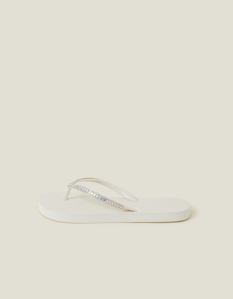 Crystal Embellished Flip Flops Cream