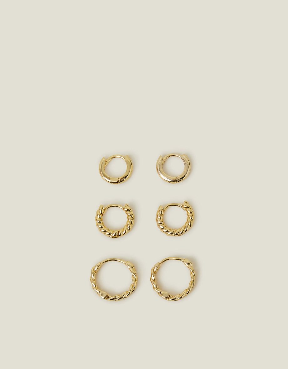 3-PACK 14CT GOLD-PLATED TWIST CLICKER HOOP EARRINGS