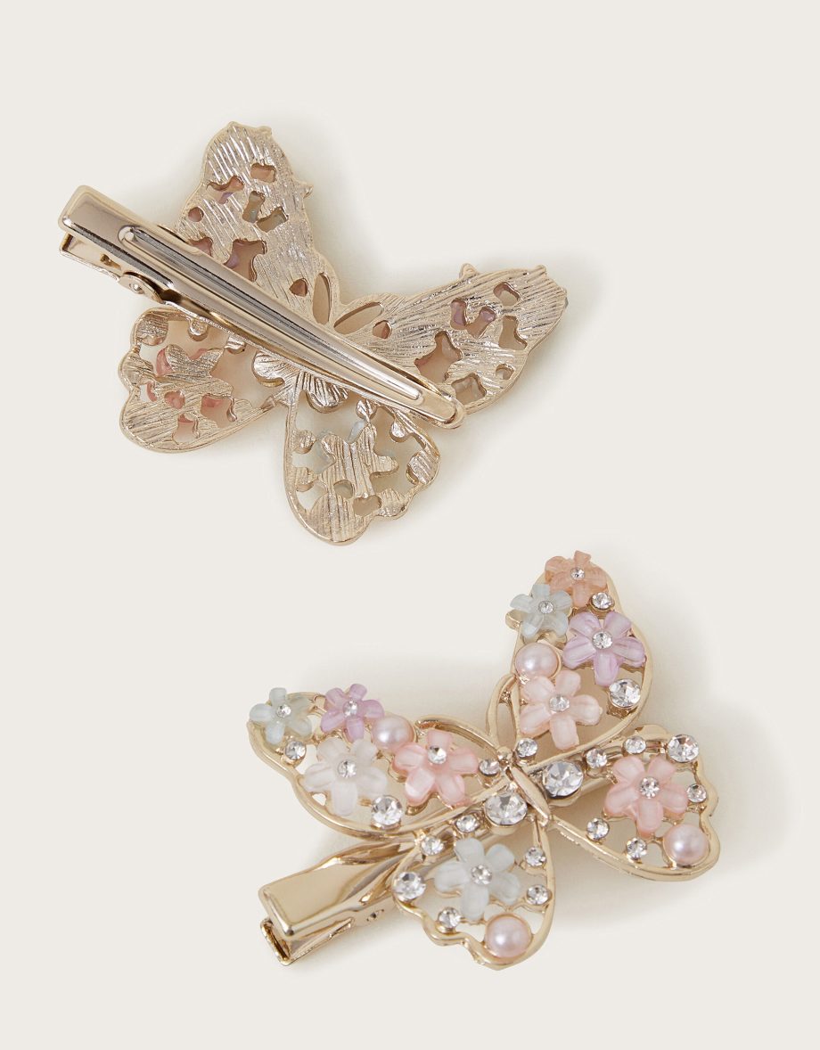 2-pack diamante flower butterfly hair clips