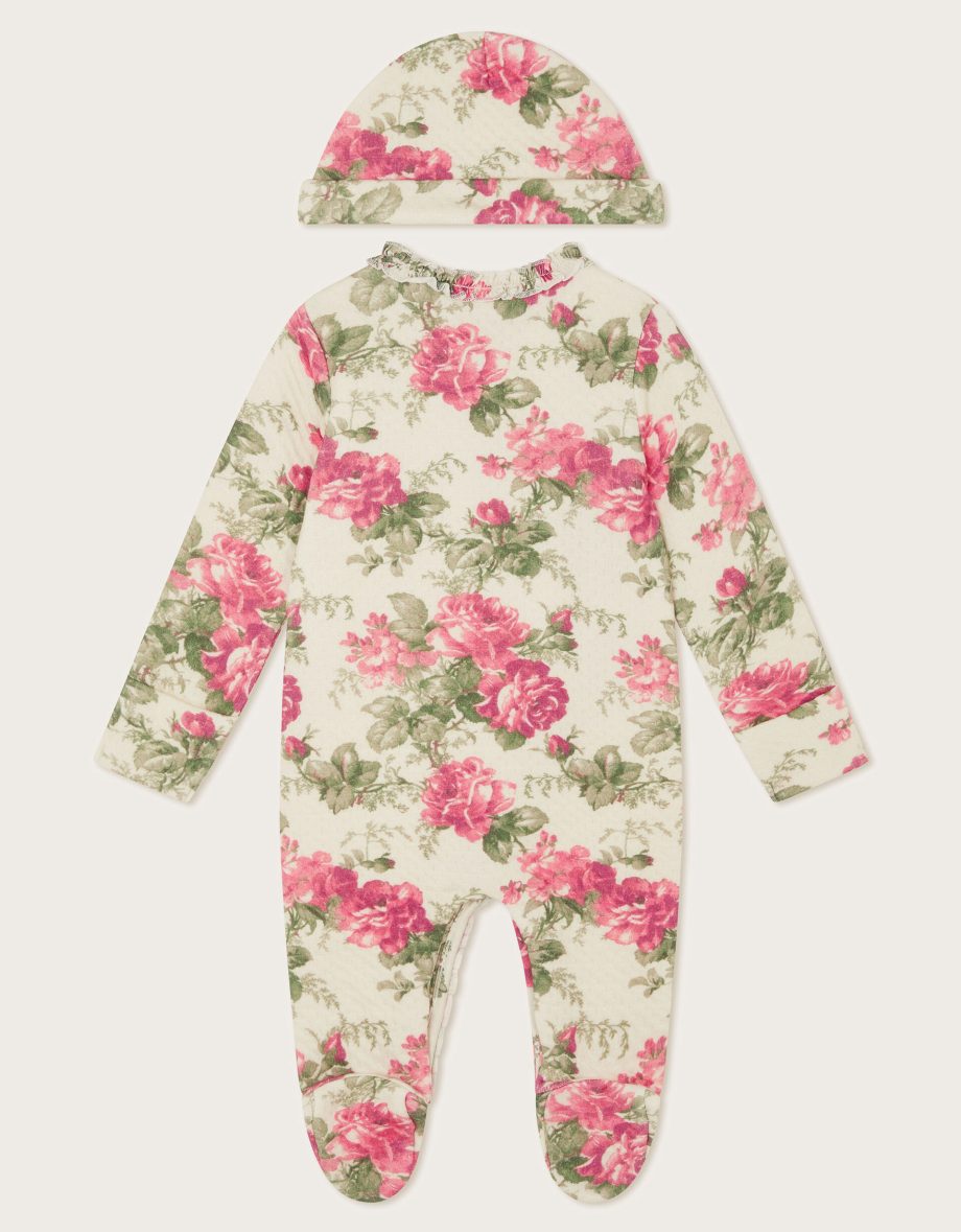 Newborn betsy floral sleepsuit and hat ivory