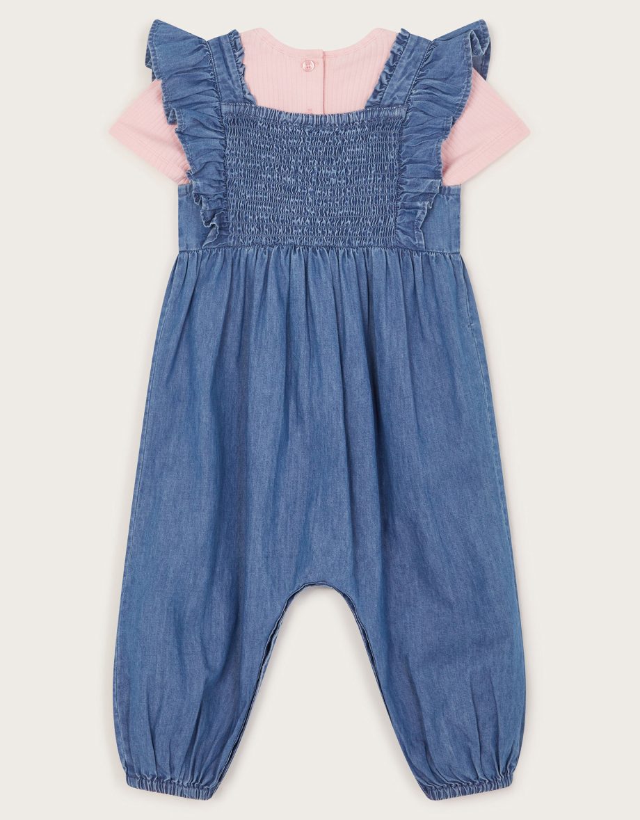 Baby chambray embroidered romper blue