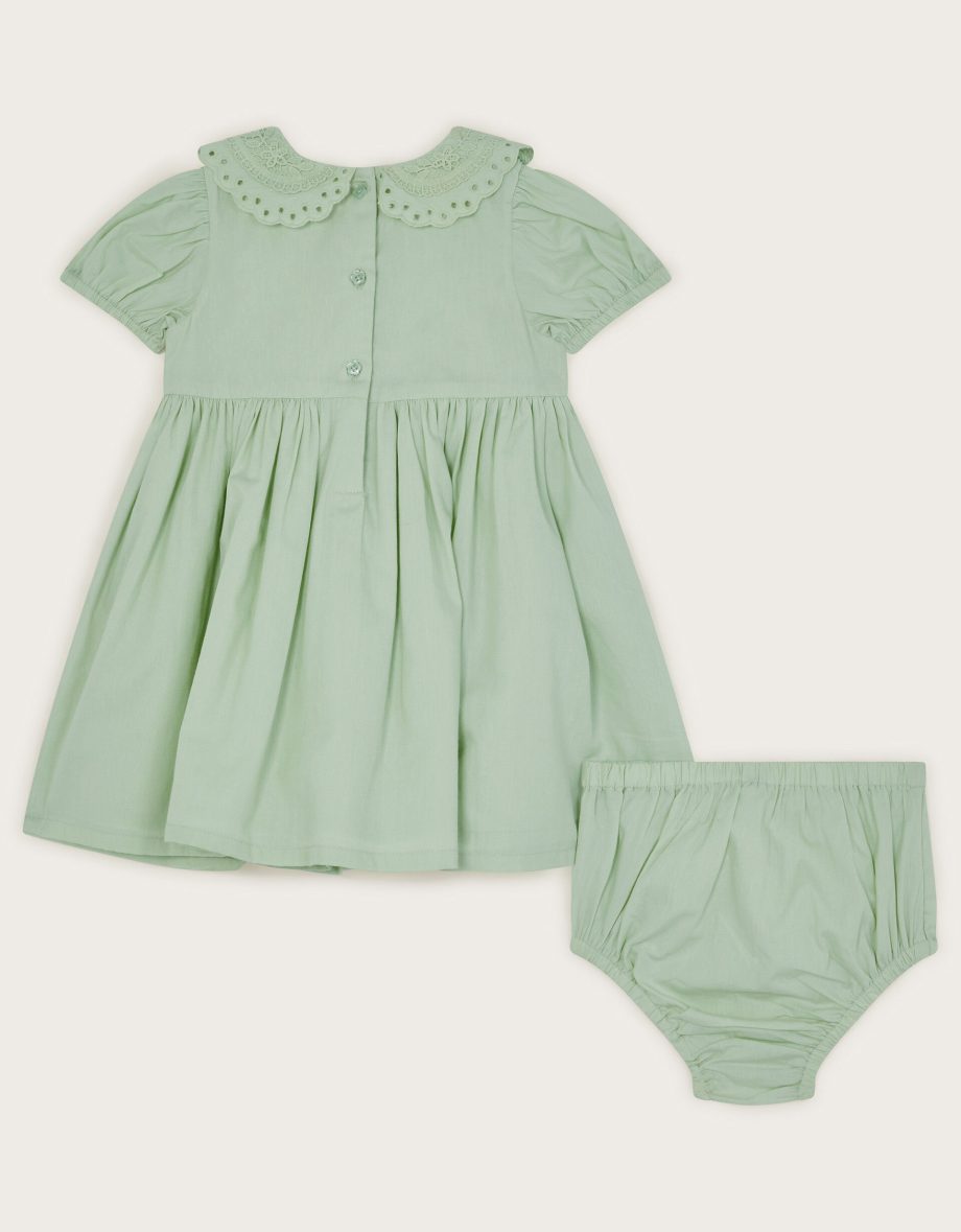 Baby embroidered smock dress and briefs set green