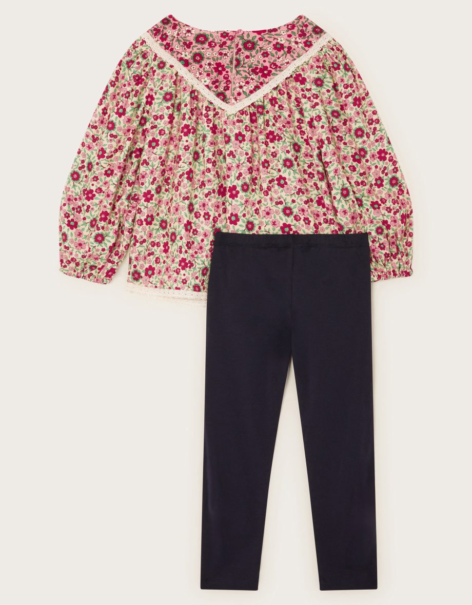 Floral Woven Blouse and Leggings Set Red