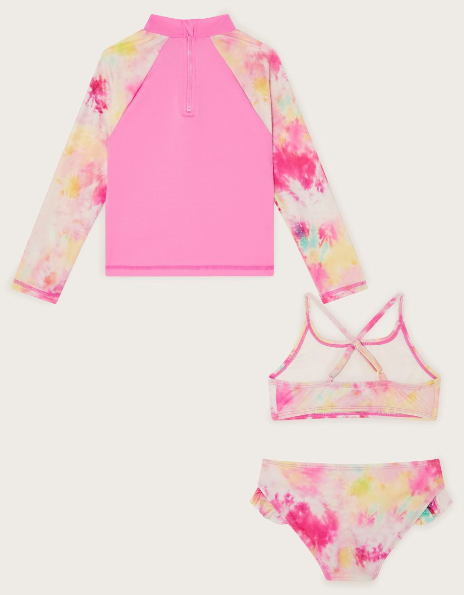 Tie Dye Long Sleeve Swim Top and Bikini Set Pink