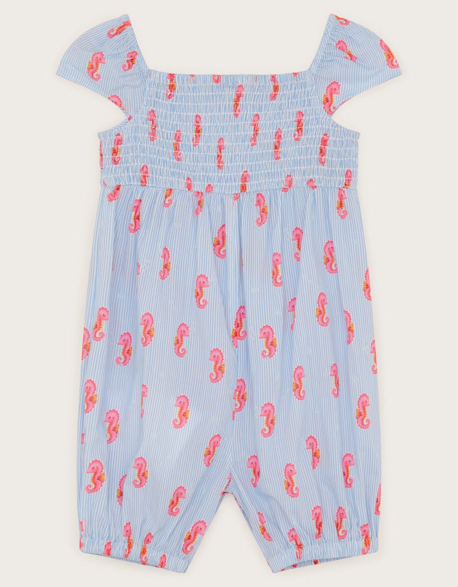 Baby smocked seahorse romper blue