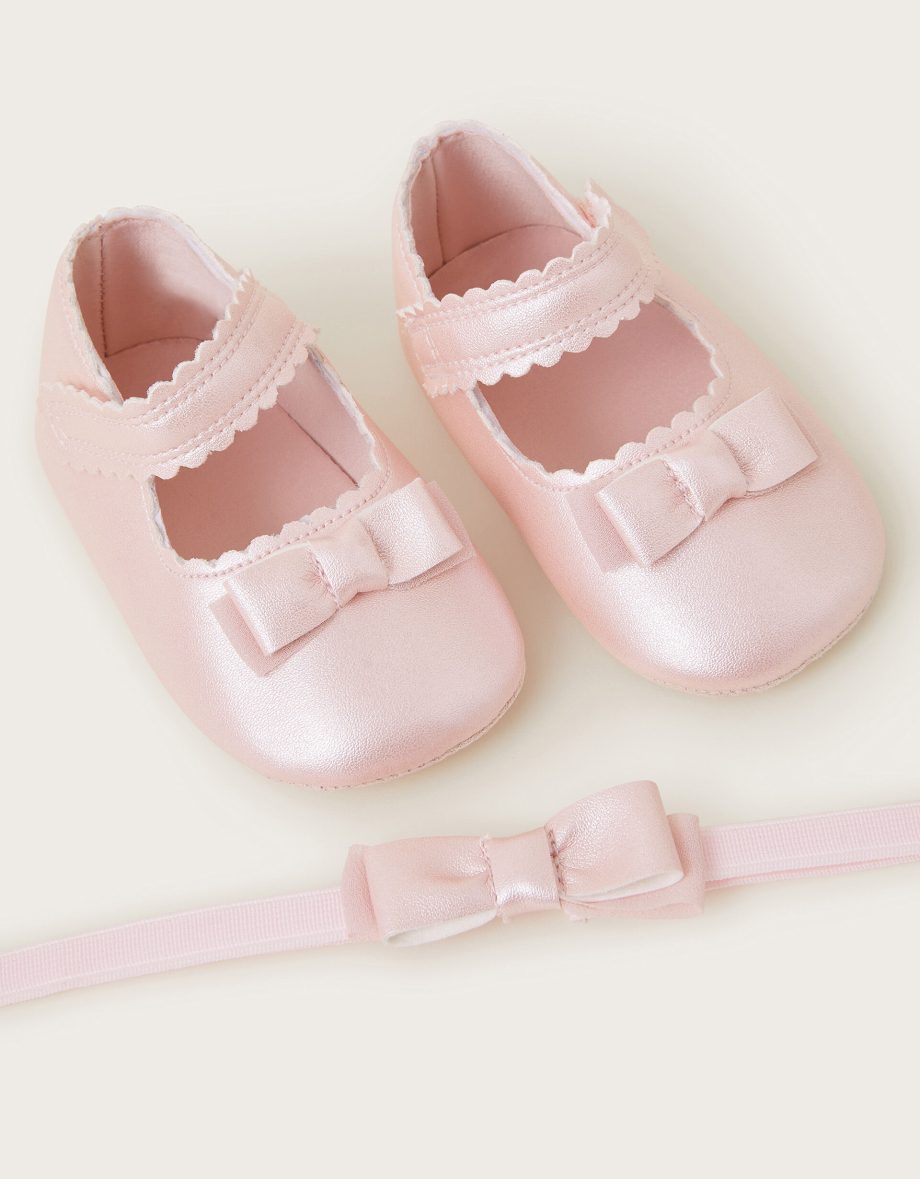 Baby shimmer booties and bow headband set pink