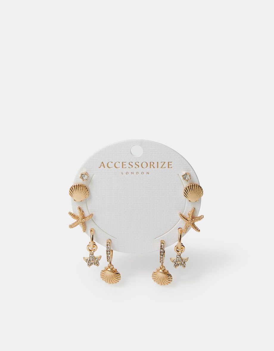 5-PACK BEACH SEASHELL AND HOOP EARRINGS GOLD