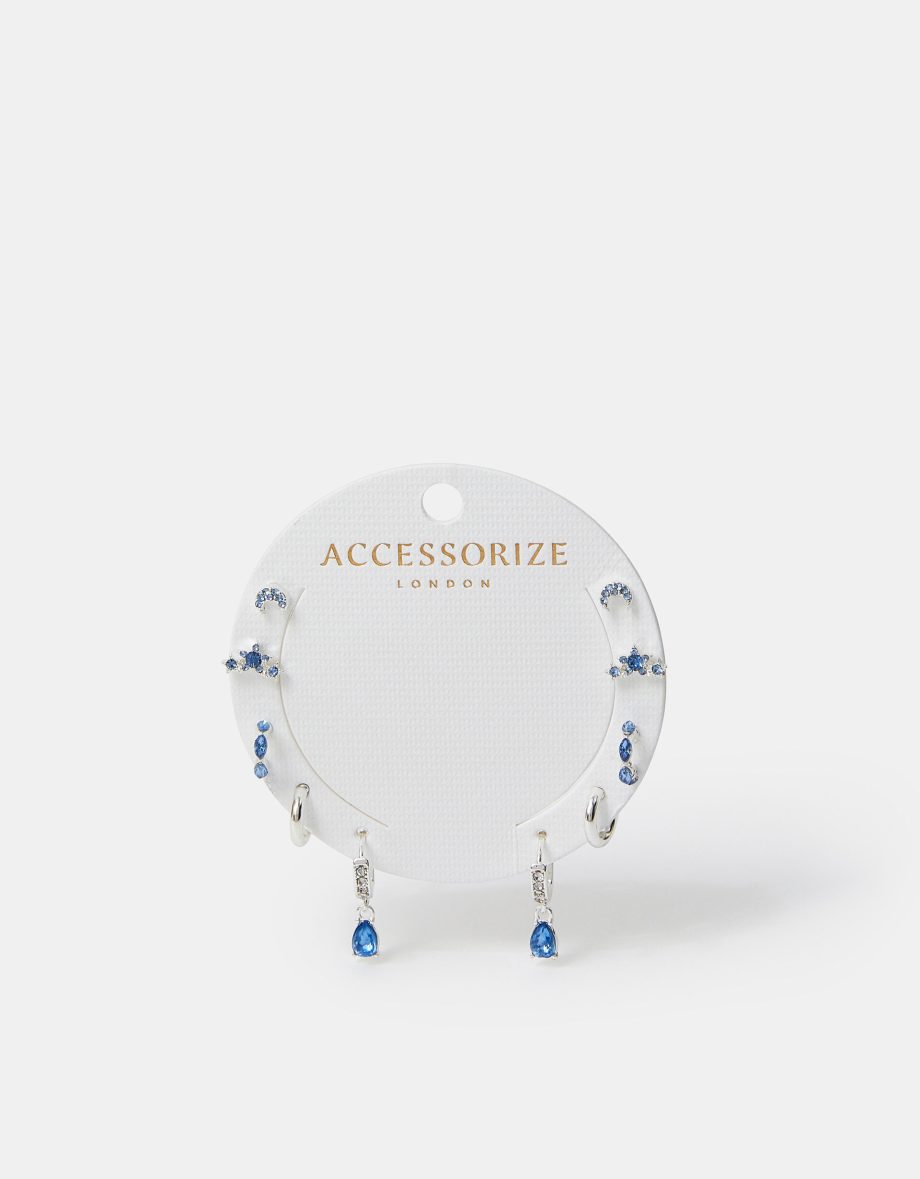 5-PACK DIAMANTE GEM STUD AND HOOP EARRINGS SILVER