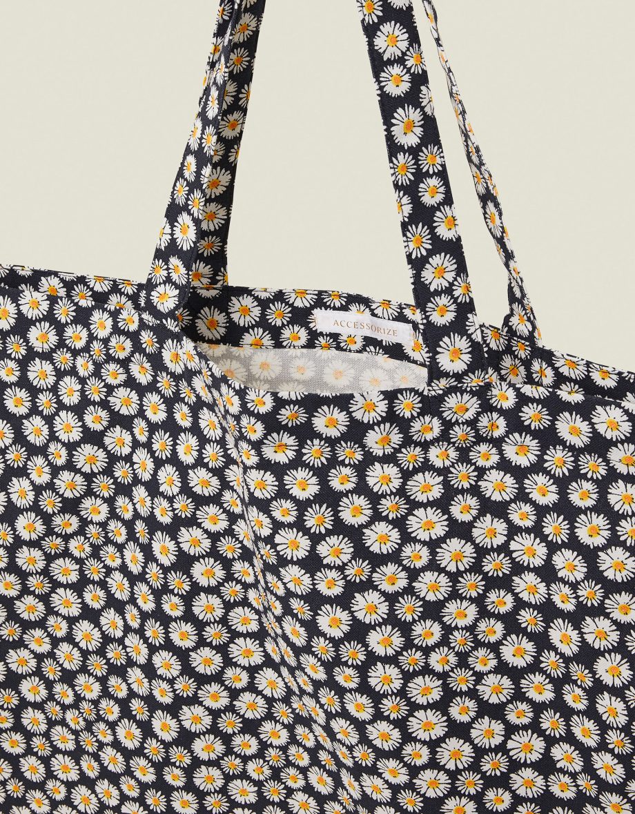 DAISY PRINT COTTON SHOPPER BAG NAVY