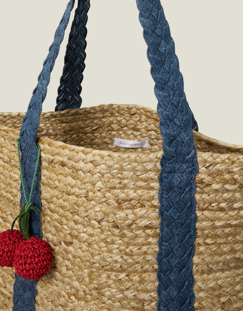 DENIM STRAP JUTE SHOULDER BAG